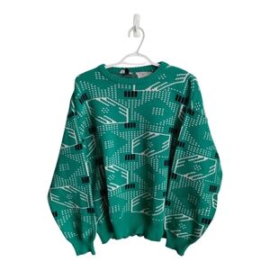 Vintage Geometric Pattern Green Knit Sweater Cottagecore Grandma Sweater Medium